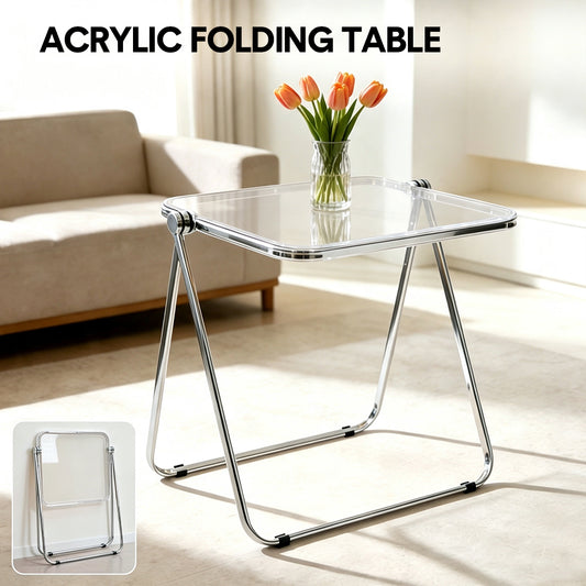 Transparent Acrylic Folding Table Clear Heat-resistant Tabletop Metal Frame with Anti-Slip Foot Pad Modern Portable Home Office Camping Desk 70x45x68cm (Copy)
