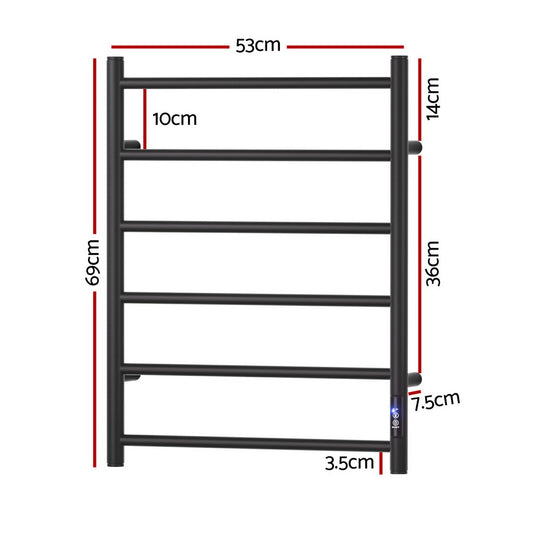 Devanti Heated Towel Rail 6 Round Bars with Timer Electric Heater Warmer Rack