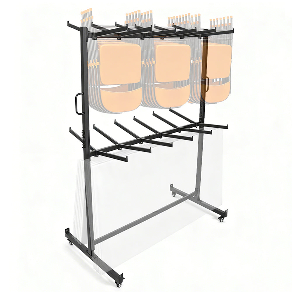 2-Tier Rolling Table Chair Rack Cart for 84 Chairs or 42 chairs and 12 Table Storage Adjustable Mobile Stackable Folding Chair Dolly with 360 Swivel Wheels