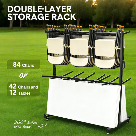 2-Tier Rolling Table Chair Rack Cart for 84 Chairs or 42 chairs and 12 Table Storage Adjustable Mobile Stackable Folding Chair Dolly with 360 Swivel Wheels