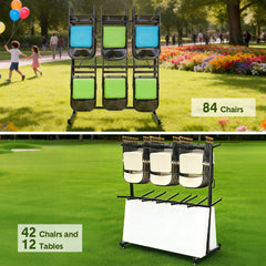 2-Tier Rolling Table Chair Rack Cart for 84 Chairs or 42 chairs and 12 Table Storage Adjustable Mobile Stackable Folding Chair Dolly with 360 Swivel Wheels