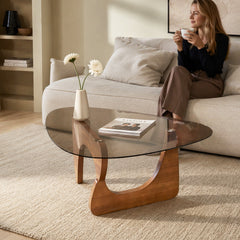 Triangle Glass Coffee Table Modern Side Table Clear Tempered Glass Top with Wood Base for Living Room Office Apartment Small End Table Height 40cm Walnut