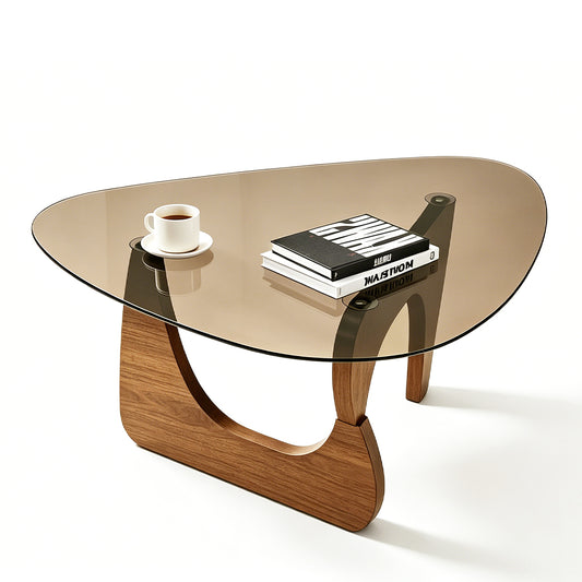 Triangle Glass Coffee Table Modern Side Table Clear Tempered Glass Top with Wood Base for Living Room Office Apartment Small End Table Height 40cm Walnut
