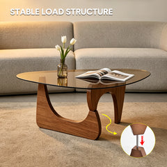Triangle Glass Coffee Table Modern Side Table Clear Tempered Glass Top with Wood Base for Living Room Office Apartment Small End Table Height 40cm Walnut