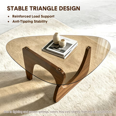 Triangle Glass Coffee Table Modern Side Table Clear Tempered Glass Top with Wood Base for Living Room Office Apartment Small End Table Height 40cm Walnut