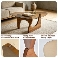 Triangle Glass Coffee Table Modern Side Table Clear Tempered Glass Top with Wood Base for Living Room Office Apartment Small End Table Height 40cm Walnut