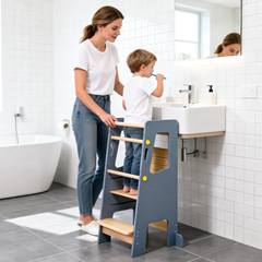 Toddler Standing Tower Kids Learning Tower Adjustable Height Step Stool with Back Safety Bar and Anti-Slip Pad Bathroom Kitchen Helper Stool 100kg Capacity