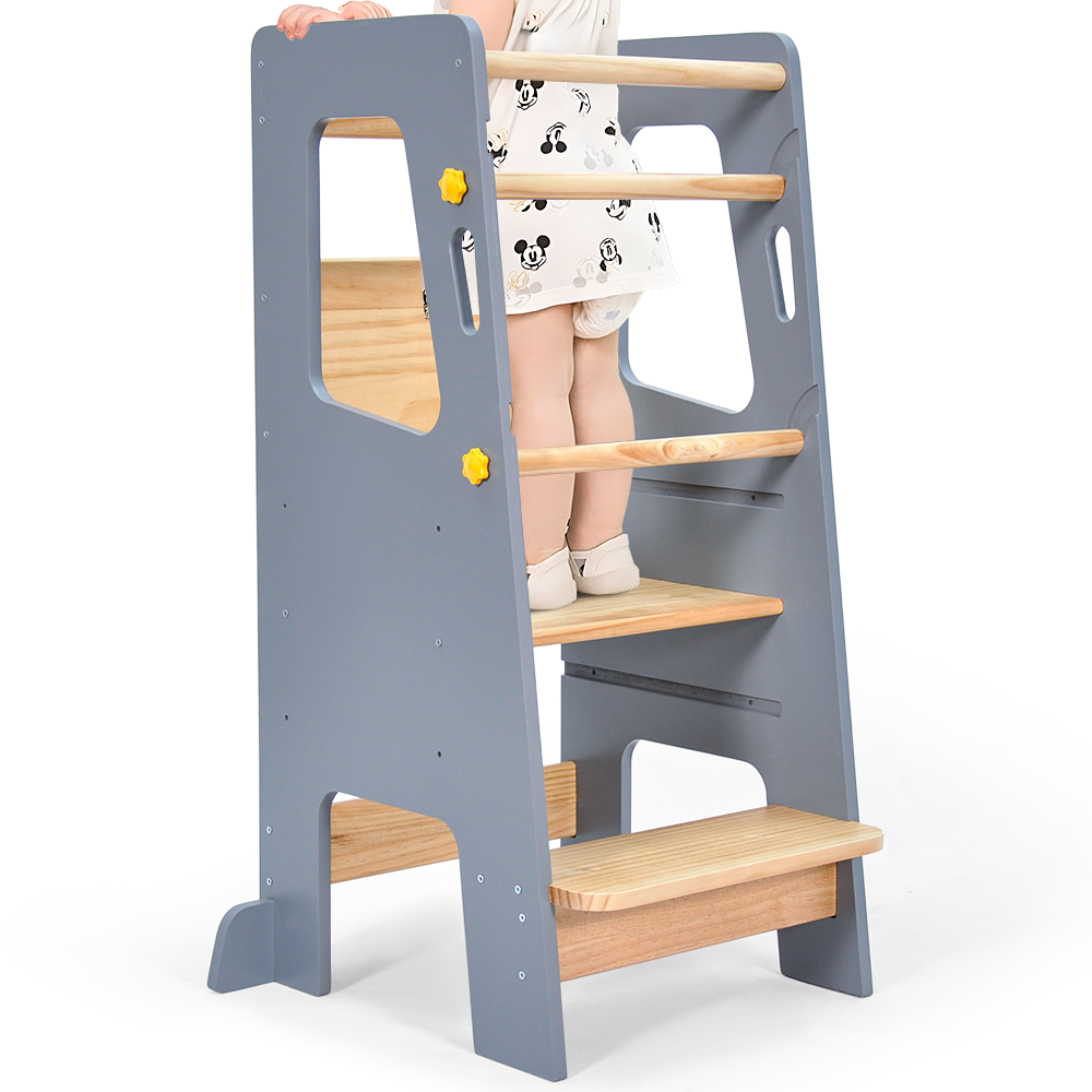 Toddler Standing Tower Kids Learning Tower Adjustable Height Step Stool with Back Safety Bar and Anti-Slip Pad Bathroom Kitchen Helper Stool 100kg Capacity