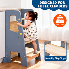 Toddler Standing Tower Kids Learning Tower Adjustable Height Step Stool with Back Safety Bar and Anti-Slip Pad Bathroom Kitchen Helper Stool 100kg Capacity