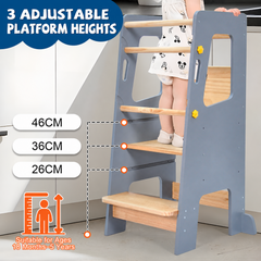 Toddler Standing Tower Kids Learning Tower Adjustable Height Step Stool with Back Safety Bar and Anti-Slip Pad Bathroom Kitchen Helper Stool 100kg Capacity