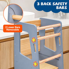 Toddler Standing Tower Kids Learning Tower Adjustable Height Step Stool with Back Safety Bar and Anti-Slip Pad Bathroom Kitchen Helper Stool 100kg Capacity