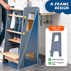 Toddler Standing Tower Kids Learning Tower Adjustable Height Step Stool with Back Safety Bar and Anti-Slip Pad Bathroom Kitchen Helper Stool 100kg Capacity