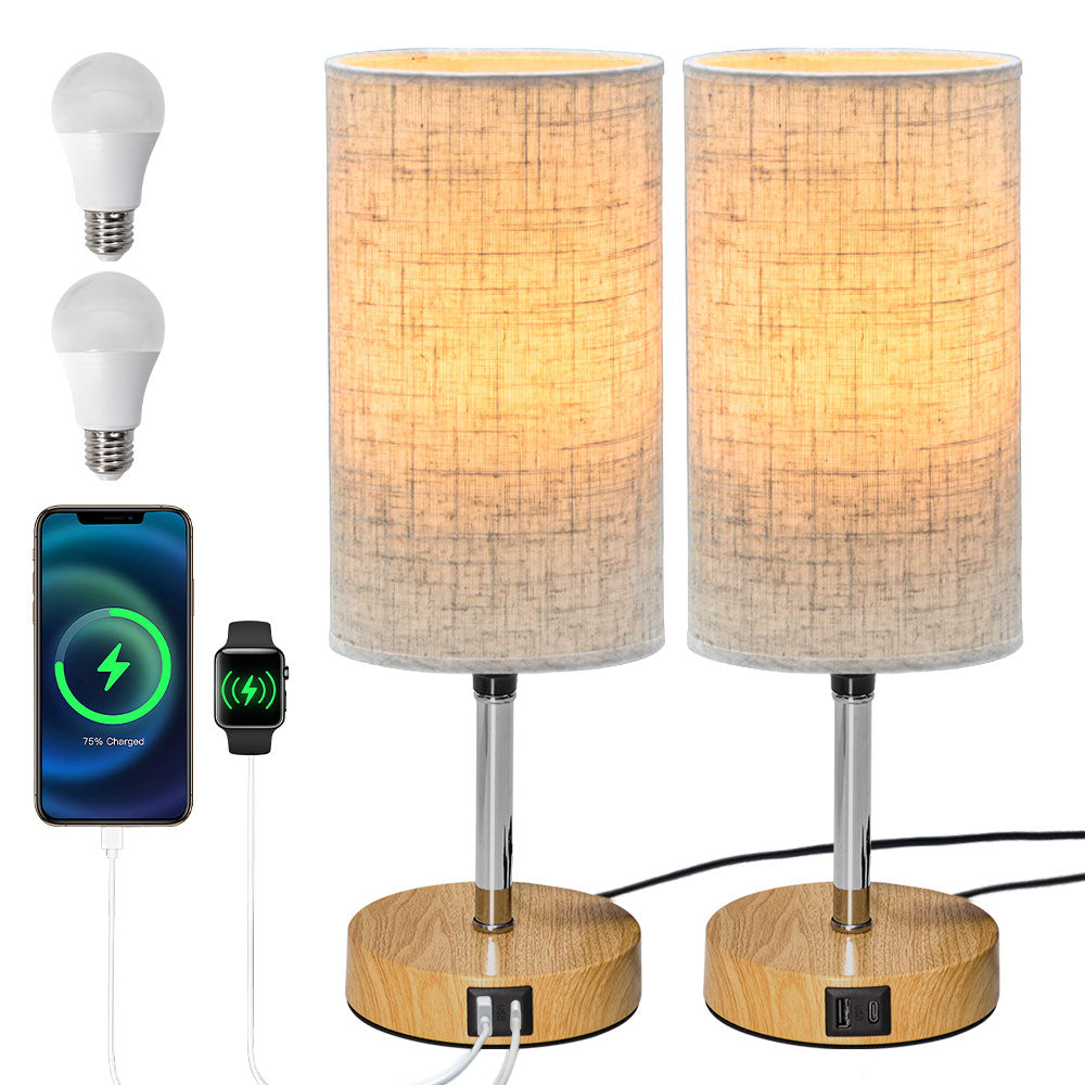Set of 2 Touch Control Lamps with USB A+C Charging 220V Bedside Lamp LED Table Lamp 3 Way Dimmable Wood Base for Home Bedroom Office E26 Bulb Included