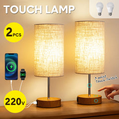 Set of 2 Touch Control Lamps with USB A+C Charging 220V Bedside Lamp LED Table Lamp 3 Way Dimmable Wood Base for Home Bedroom Office E26 Bulb Included