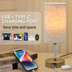 Set of 2 Touch Control Lamps with USB A+C Charging 220V Bedside Lamp LED Table Lamp 3 Way Dimmable Wood Base for Home Bedroom Office E26 Bulb Included