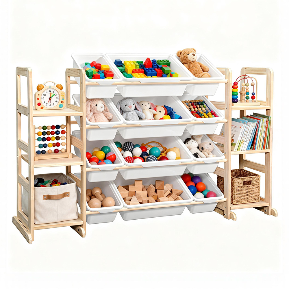 Kids Toy Storage Organizer Multipurpose Pine Wood Bin Shelf with 6-Tier Bookshelf and 12 Removable Storage Bins for Bedroom Playroom Nursery Classroom