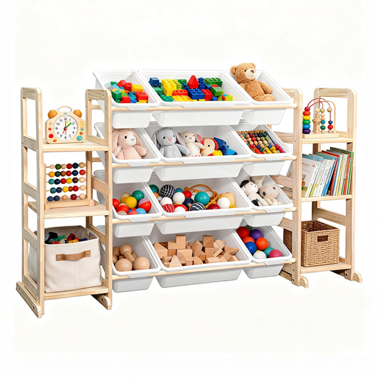 Kids Toy Storage Organizer Multipurpose Pine Wood Bin Shelf with 6-Tier Bookshelf and 12 Removable Storage Bins for Bedroom Playroom Nursery Classroom