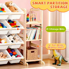 Kids Toy Storage Organizer Multipurpose Pine Wood Bin Shelf with 6-Tier Bookshelf and 12 Removable Storage Bins for Bedroom Playroom Nursery Classroom