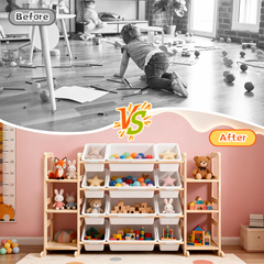 Kids Toy Storage Organizer Multipurpose Pine Wood Bin Shelf with 6-Tier Bookshelf and 12 Removable Storage Bins for Bedroom Playroom Nursery Classroom