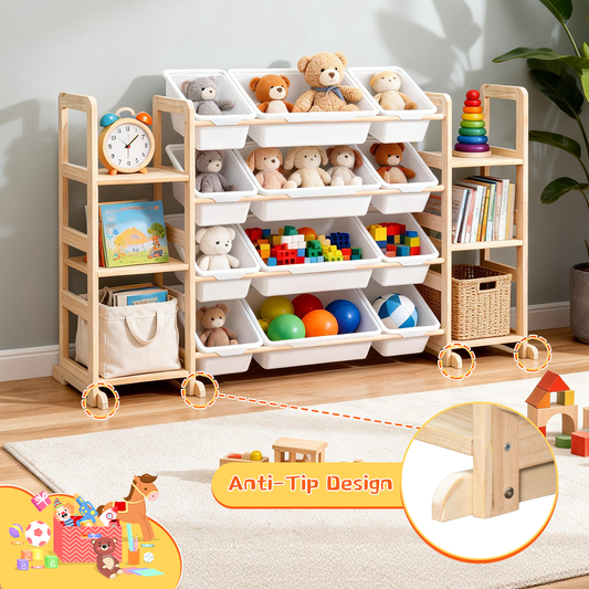 Kids Toy Storage Organizer Multipurpose Pine Wood Bin Shelf with 6-Tier Bookshelf and 12 Removable Storage Bins for Bedroom Playroom Nursery Classroom