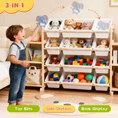 Kids Toy Storage Organizer Multipurpose Pine Wood Bin Shelf with 6-Tier Bookshelf and 12 Removable Storage Bins for Bedroom Playroom Nursery Classroom