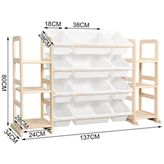 Kids Toy Storage Organizer Multipurpose Pine Wood Bin Shelf with 6-Tier Bookshelf and 12 Removable Storage Bins for Bedroom Playroom Nursery Classroom