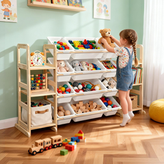 Kids Toy Storage Organizer Multipurpose Pine Wood Bin Shelf with 6-Tier Bookshelf and 12 Removable Storage Bins for Bedroom Playroom Nursery Classroom