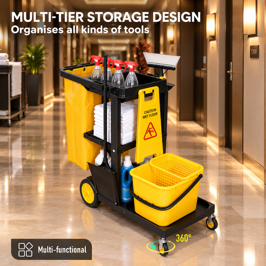 3-Tier Cleaning Cart Large Capacity Utility Trolley Housekeeping Janitorial Car with Wheels and Durable Trash Bag For Schools Hotels Offices Hospitals