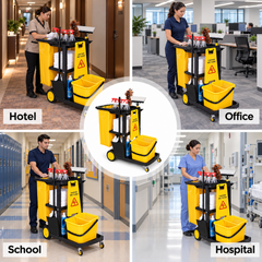 3-Tier Cleaning Cart Large Capacity Utility Trolley Housekeeping Janitorial Car with Wheels and Durable Trash Bag For Schools Hotels Offices Hospitals