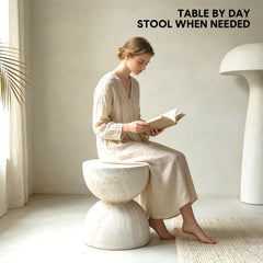 Travertine Side Table Modern MGO Faux Stone Round Accent End Table Weather-Resistant Garden Stool Plant Stand for Indoor Outdoor Patio Backyard 39.5x45cm