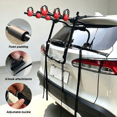 3-Bike Trunk Mount Rack Carbon Steel Frame Car Rear Rack for Sedans SUVs Hatchbacks with Soft Padding and Adjustable Stability Straps 45kg Load Capacity