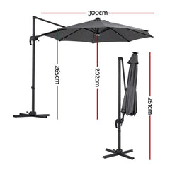 Instahut Outdoor Umbrella 3m Solar LED Offset Cantilever Patio Parasol Charcoal