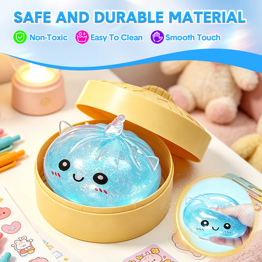 Blue Unicorn Squishy Fidget Toy Soft Glitter Sensory TPR Stress Relief Ball Dumpling Mystery Box for Adults Kids Teens Party Holiday Birthday Gift 95x50mm