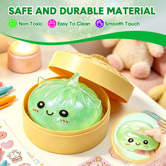 Green Unicorn Squishy Fidget Toy Soft Glitter Sensory TPR Stress Relief Ball Dumpling Mystery Box for Adults Kids Teens Party Holiday Birthday Gift 95x50mm