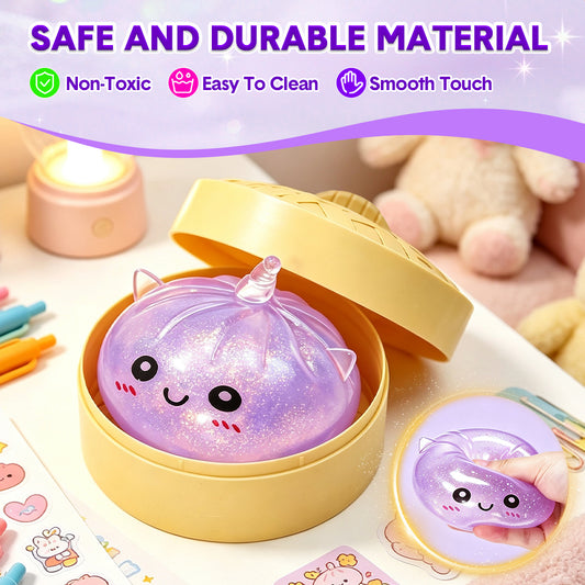 Purple Unicorn Squishy Fidget Toy Soft Glitter Sensory TPR Stress Ball Dumpling Mystery Box for Adults Kids Teens Party Holiday Birthday Gift 95x50mm