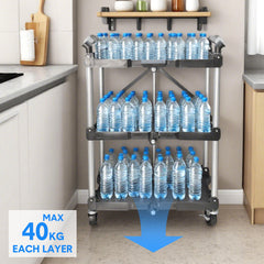 3 Tier Folding Cart Heavy Duty Serving Trolley 130Kg Load Capacity with 360 Swivel Lockable Wheels Efficient Storage and Transportation 67.5x42.5x74.5cm