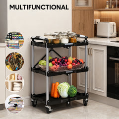 3 Tier Folding Cart Heavy Duty Serving Trolley 130Kg Load Capacity with 360 Swivel Lockable Wheels Efficient Storage and Transportation 67.5x42.5x74.5cm