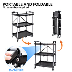 3 Tier Folding Cart Heavy Duty Serving Trolley 130Kg Load Capacity with 360 Swivel Lockable Wheels Efficient Storage and Transportation 67.5x42.5x74.5cm