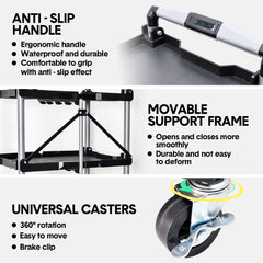 3 Tier Folding Cart Heavy Duty Serving Trolley 130Kg Load Capacity with 360 Swivel Lockable Wheels Efficient Storage and Transportation 67.5x42.5x74.5cm