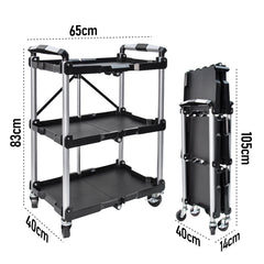 3 Tier Folding Cart Heavy Duty Serving Trolley 130Kg Load Capacity with 360 Swivel Lockable Wheels Efficient Storage and Transportation 67.5x42.5x74.5cm