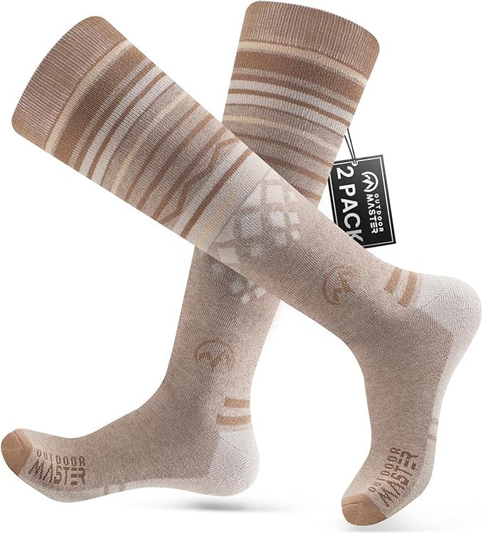 OutdoorMaster Ski Socks 2-Pack Merino Wool, Over The Calf Non-Slip Cuff for Men & Women