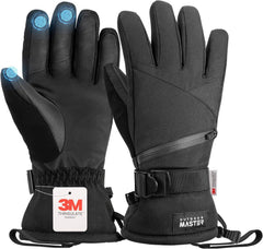 OutdoorMaster Ski Snow Gloves for Women & Men - 3M Thinsulate Waterproof Snowboard Winter Warm Windproof Snowmobile Gloves with Double-Pocket-Black,Medium