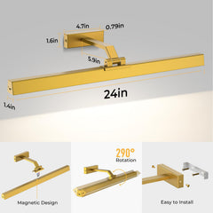 Wall Picture Light, 24in Battery-Powered Gallery Light for Artwork, CCT Dimmable Rechargeable Battery Wall Lamp with Remote Control for Living Room, Gallery, and Dartboard (Gold)