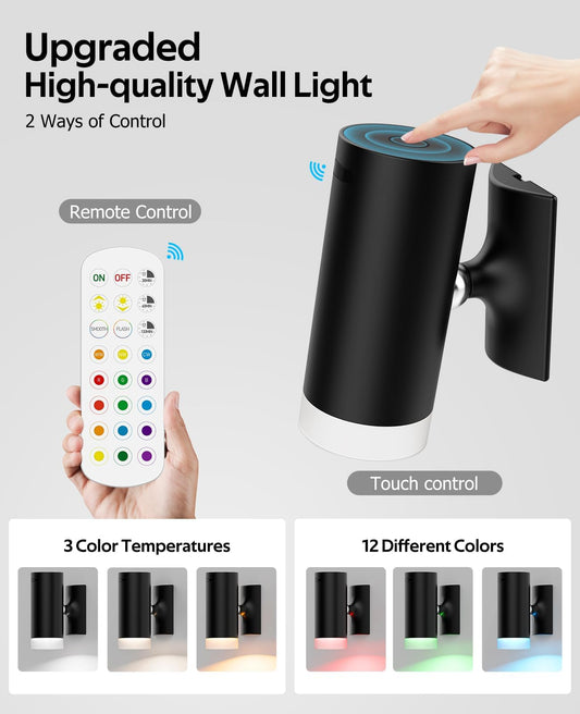 Battery Operated Wall Lights 2 Pack Rechargeable Wall Lights Indoor Touch Dimmable with Remote Control,Magnetic Wall Sconce Lights Battery Black Wireless LED Decor Lighting 3000mAh [Energy Class F]