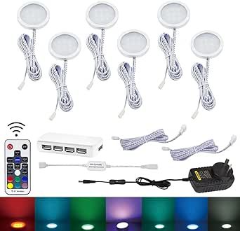 RGB Color Changing LED Under Cabinet Lighting Kit,Aluminum Slim Cabinet LED Puck Lights for Kitchen Counter Wardrobe Counter Furniture Shelf Ambiance Christmas Xmas Decoration Lighting