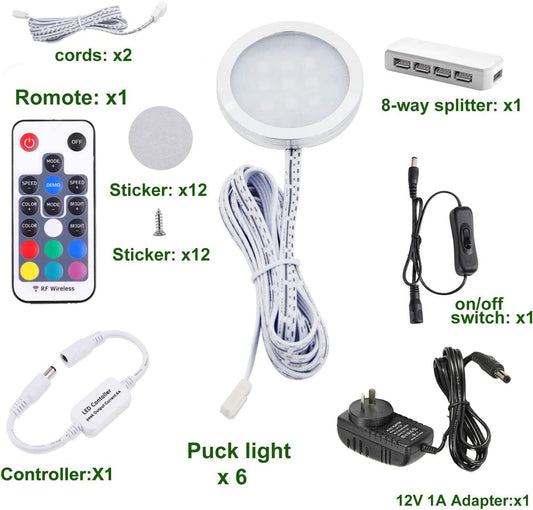 RGB Color Changing LED Under Cabinet Lighting Kit,Aluminum Slim Cabinet LED Puck Lights for Kitchen Counter Wardrobe Counter Furniture Shelf Ambiance Christmas Xmas Decoration Lighting