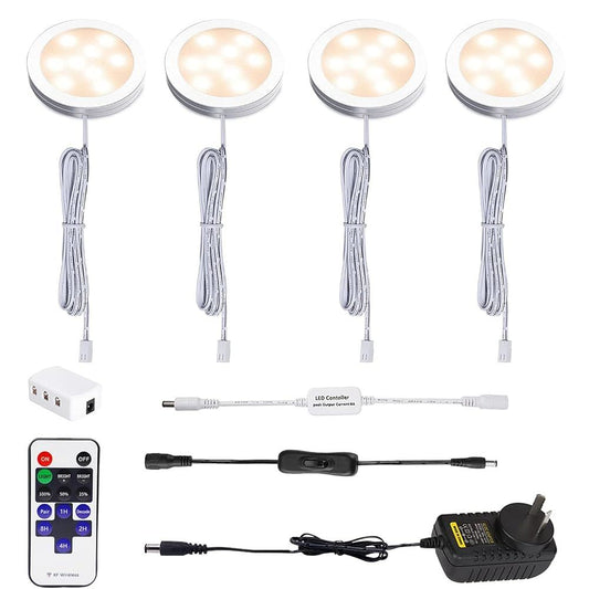 Dimmable LED Under Cabinet Lighting, Counter Showcase Kitchen Lighting Fixtures with 12V Plug in adapter and Dimmable Wireless Remote Control, 4 Ultra Slim Puck Lights Kit (Warm White)
