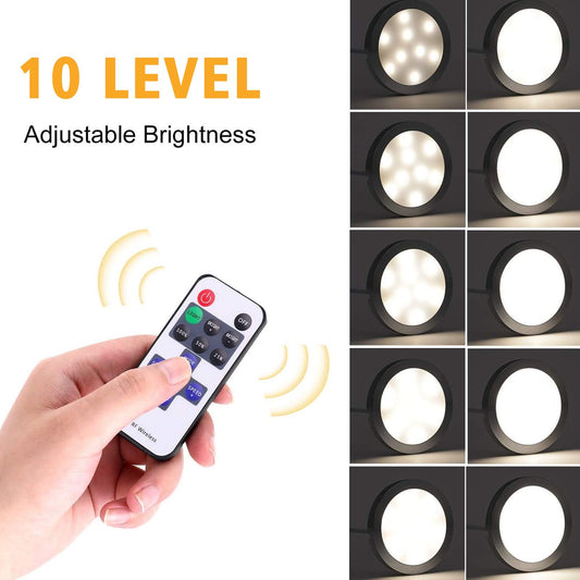 Dimmable LED Under Cabinet Lighting, Counter Showcase Kitchen Lighting Fixtures with 12V Plug in adapter and Dimmable Wireless Remote Control, 4 Ultra Slim Puck Lights Kit (Warm White)