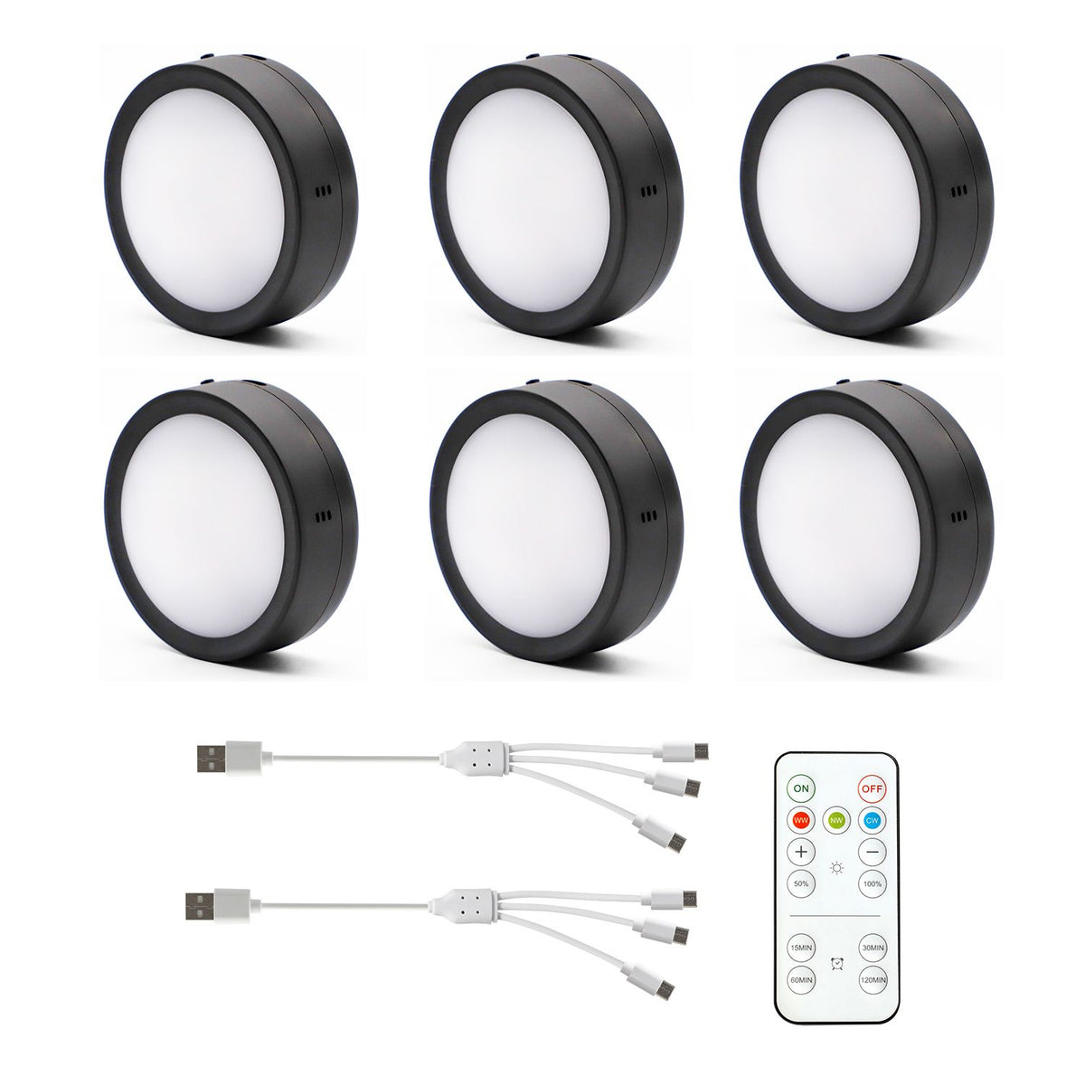 AIBOO Rechargeable Cabinet Lights, 6 Pack Puck Lights, 3 Colour, Remote, Black