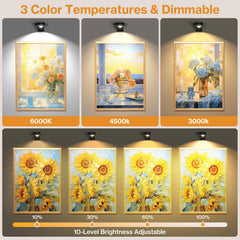 Rechargeable Picture Lights, 6 Pack Black Wireless Art Lights with Remote and Touch Control, 3 Colour Temperatures, Stepless Dimming, Magnetic Wall Lights for Paintings, Photos and Displays